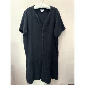 J.JILL | Black Crinkle Cotton Gauze Button Front Midi Dress | Size XL Tall